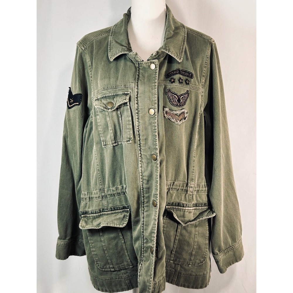 Olive Green Military Utility Jacket Major Trouble Patches Herringbone Field Coat